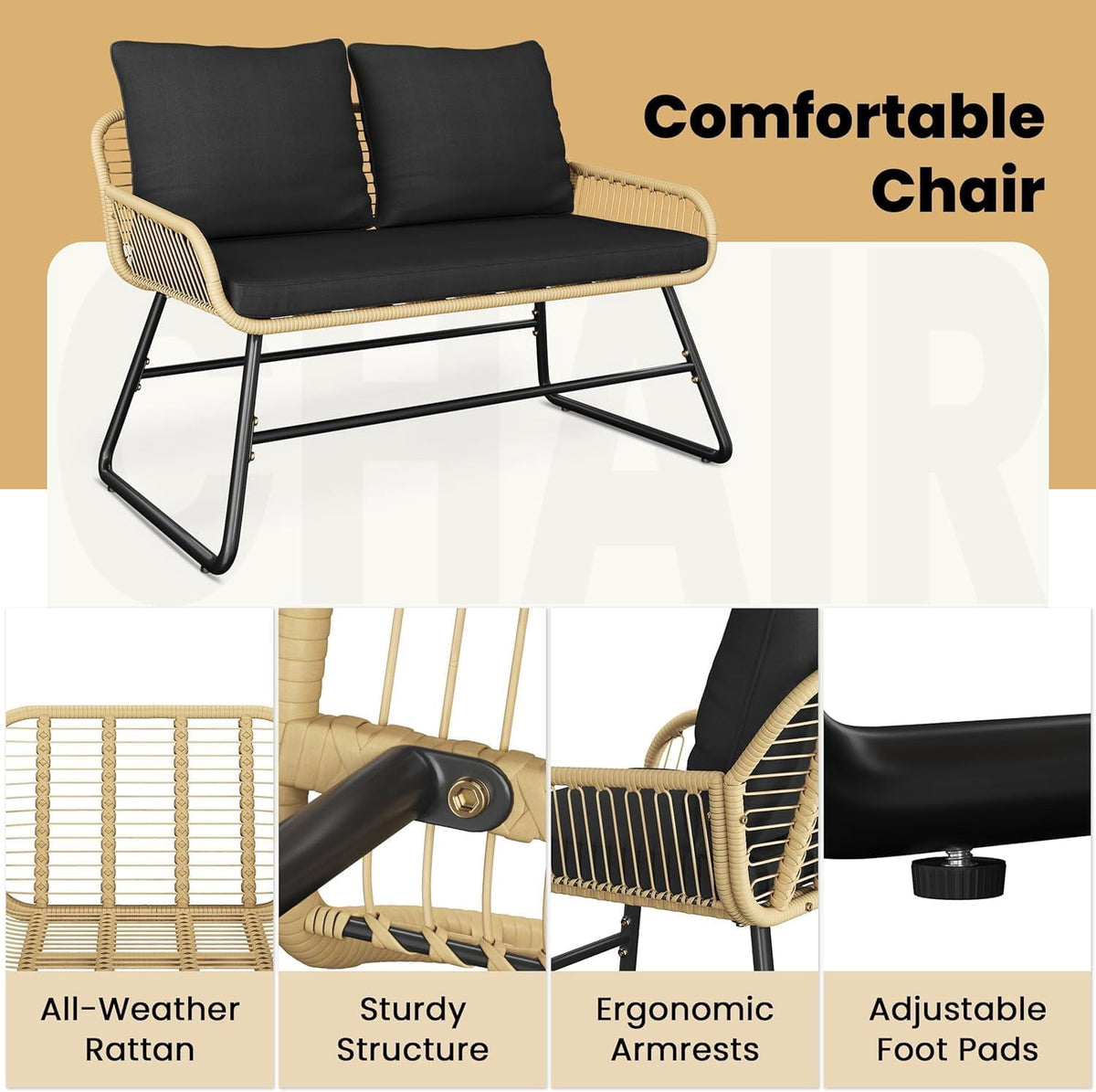 BeesClover 4 Piece Outdoor Bistro Set, Wicker Patio Furniture Set with Cushions, Tempered Glass Coffee Table, 2 Chairs and Loveseat for Garden, Backyard, Porch, Deck