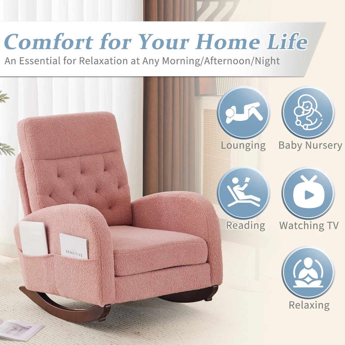 2026 NewKtaxon Rocking Accent Chair Glider Reading Chair Comfy Teddy Velvet Upholstered Single Sofa Rocker for Living Room, Nursery, Bedroom Beige