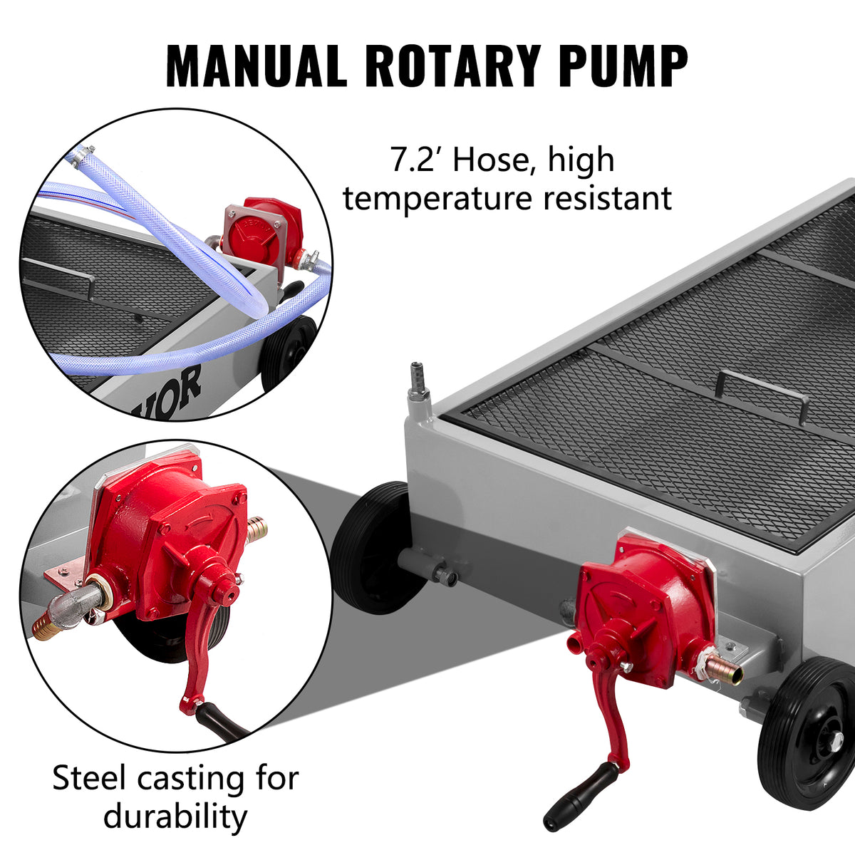 VEVOR Oil Drain Pan 15 Gallon Oil Drain Tank, 57L Low Profile Oil Drain Pan, Large Capacity Oil Change Pan, Foldable Hand, with Pump, Hose, Swivel Casters Wheels for Car, SUV, Trucks Oil Draining