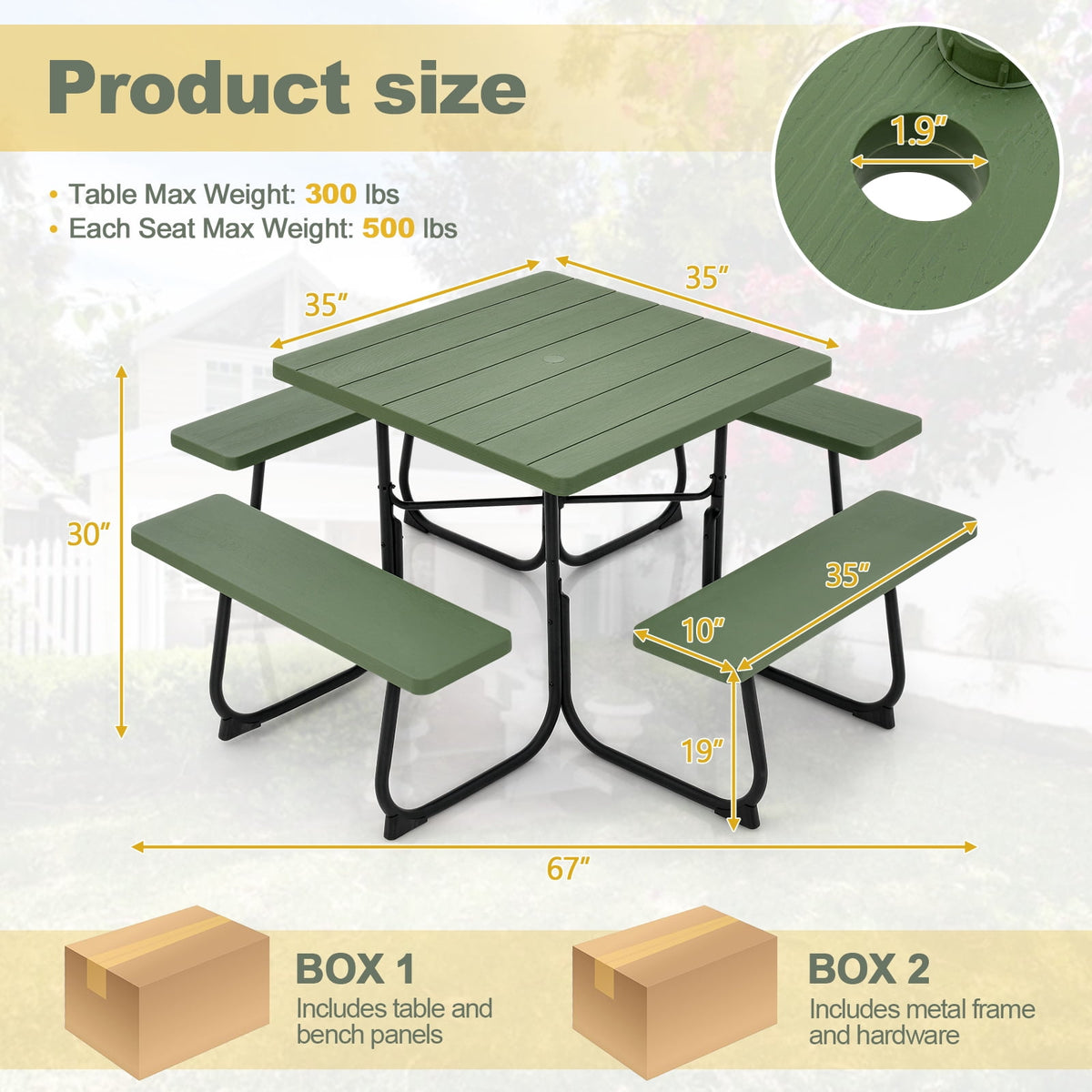 Gymax Outdoor Picnic Table 8-person Square Picnic Table Bench Set w/ 4 Benches & Umbrella Hole Green