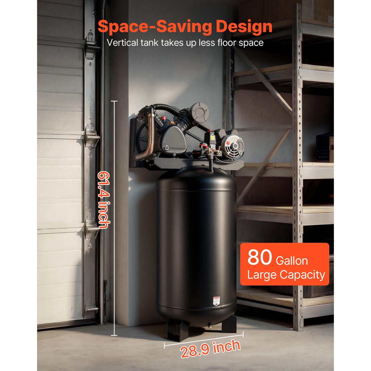 KFFKFF 80 Gallons Heavy-Duty Air Compressor, 5HP 10 SCFM at 90PSI Air Compressors Max 175PSI Pressure, Oil-Lubricated Compressor Tank(230V 60Hz, No-Plug)
