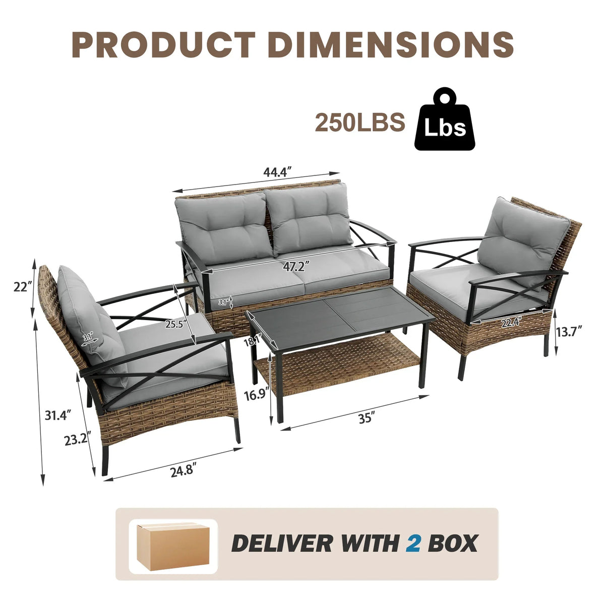 2026 NewHeavy-duty Patio Furniture Set, 4 Piece Outdoor Sectional Conversation Sets, BrownPE Rattan Patio Sofa Set with Blue Cushions