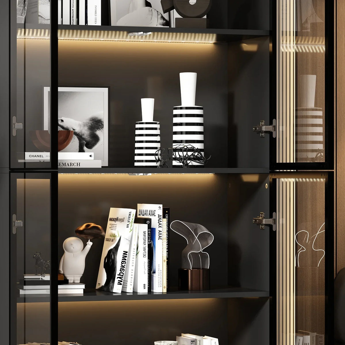 2026 NewKULAGAGA Bookcases Organizer with LED Lights, Heavy Duty Display Cabinet with Glass Door for Living Room, 31.5" Wide