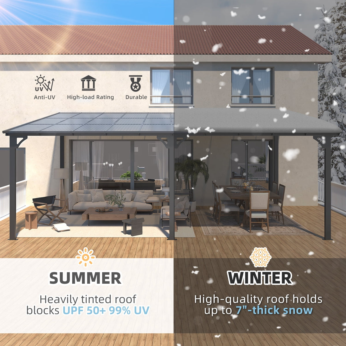AECOJOY 20 x 12 Ft Wall-Mounted Hardtop Gazebo, Polycarbonate Roof & Metal Frame, Dark Grey