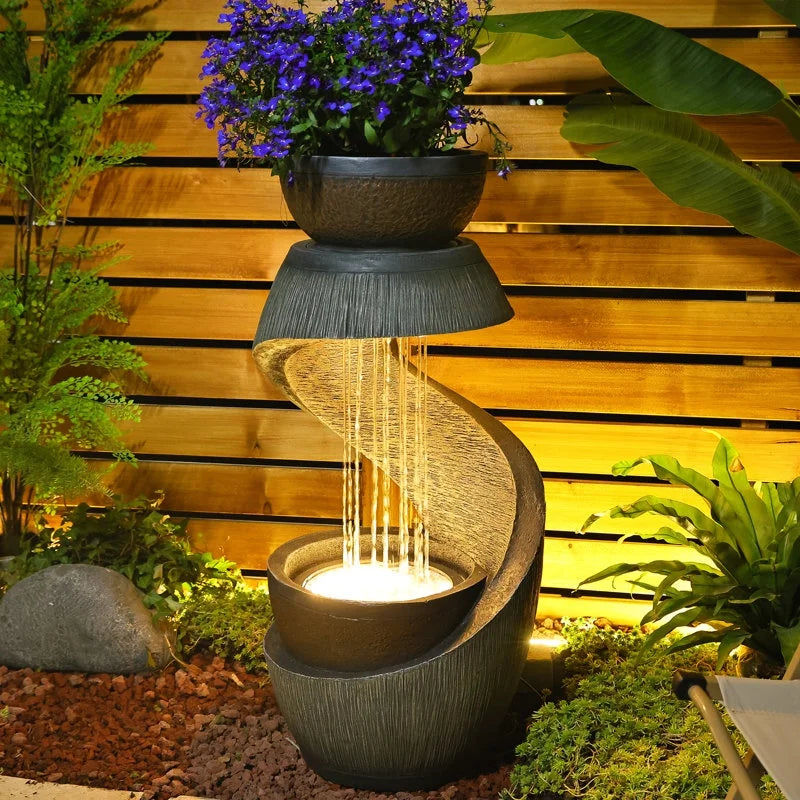 2026 NewOutdoor Water Fountain Modern Curved Waterfall S-Shaped Freestanding Fountain with Bowl Planter for Patio Deck Garden Yard Home Decor