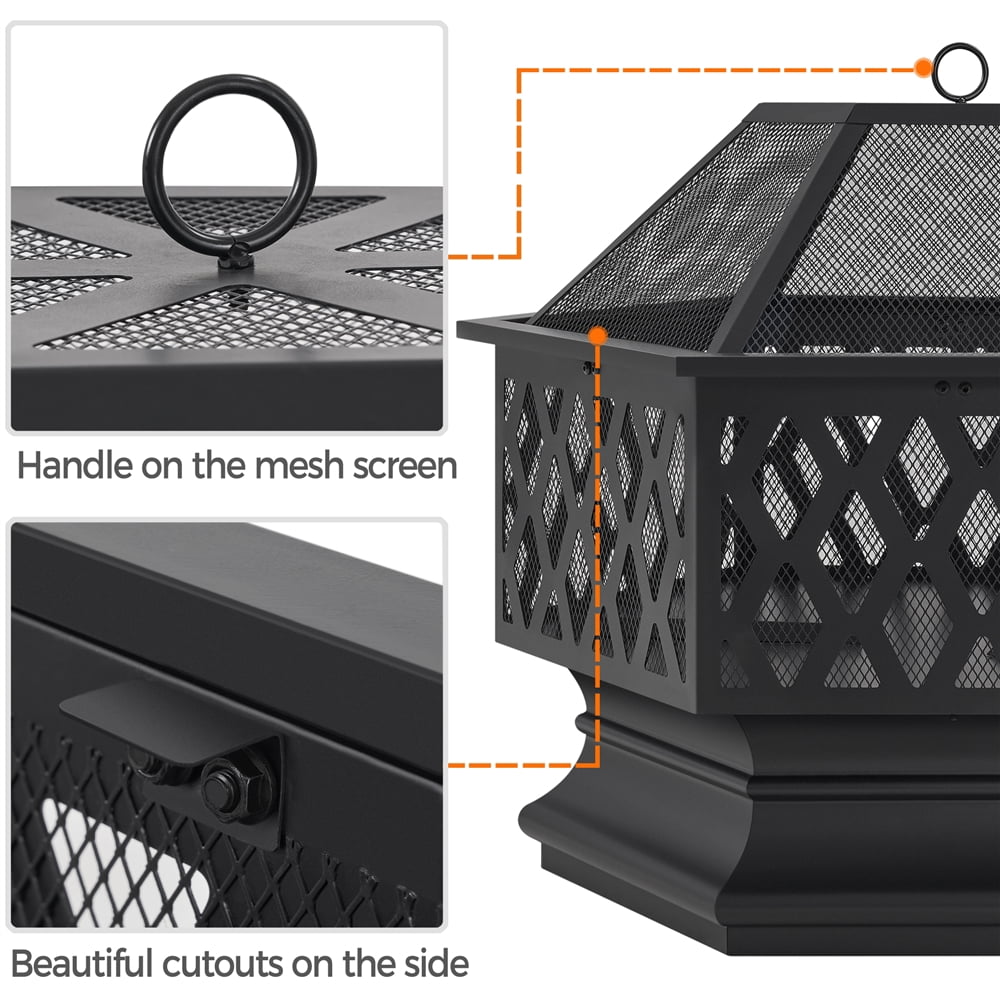 Yaheetech 28" Hex Shaped Fire Pit with Spark Screen, Black