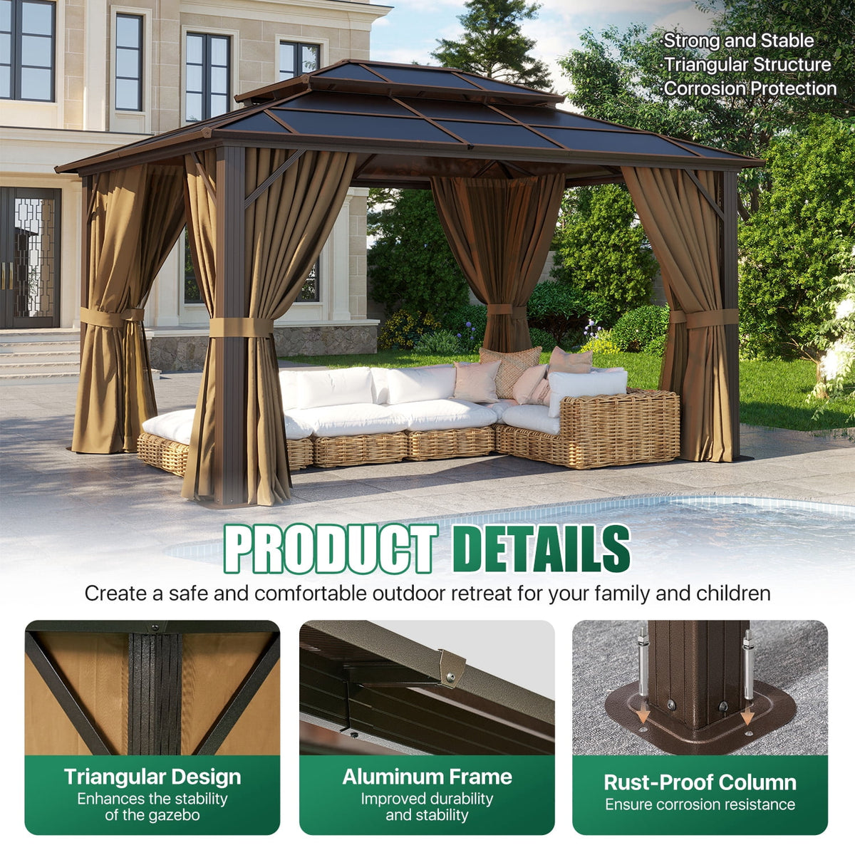 Clouddwell 10'x12' Hardtop Gazebo - Polycarbonate Double Roof with Netting & Curtains for Patio, Garden Sun Protection,Brown