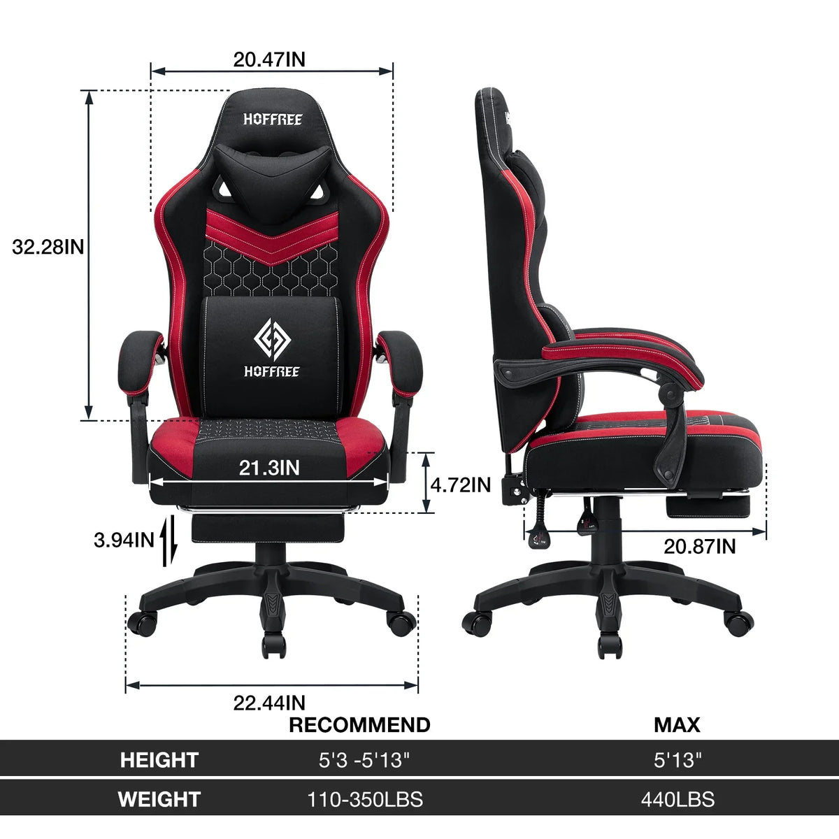 2026 NewHoffree Gaming Chair with Massage Fabric Office Chair with footrest for Adults, Ergonomic Gamer Chair with Headrest and Lumbar Support for Office Gaming, 440 LBS