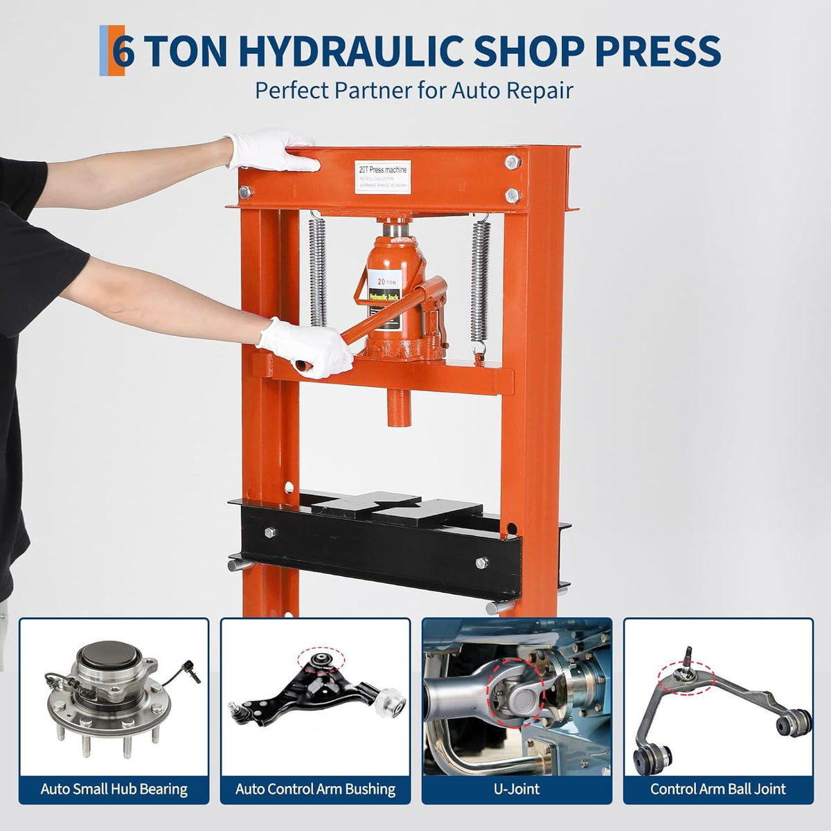 20 Ton Hydraulic Shop Press, H-Frame, 7-Hold Adjustable Height, with Movable Plates and Dust Cover, for Garage or Professional Users, Orange