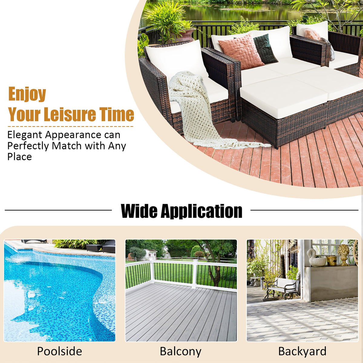 Costway 5PCS Patio Rattan Furniture Set Loveseat Sofa Ottoman Cushioned White