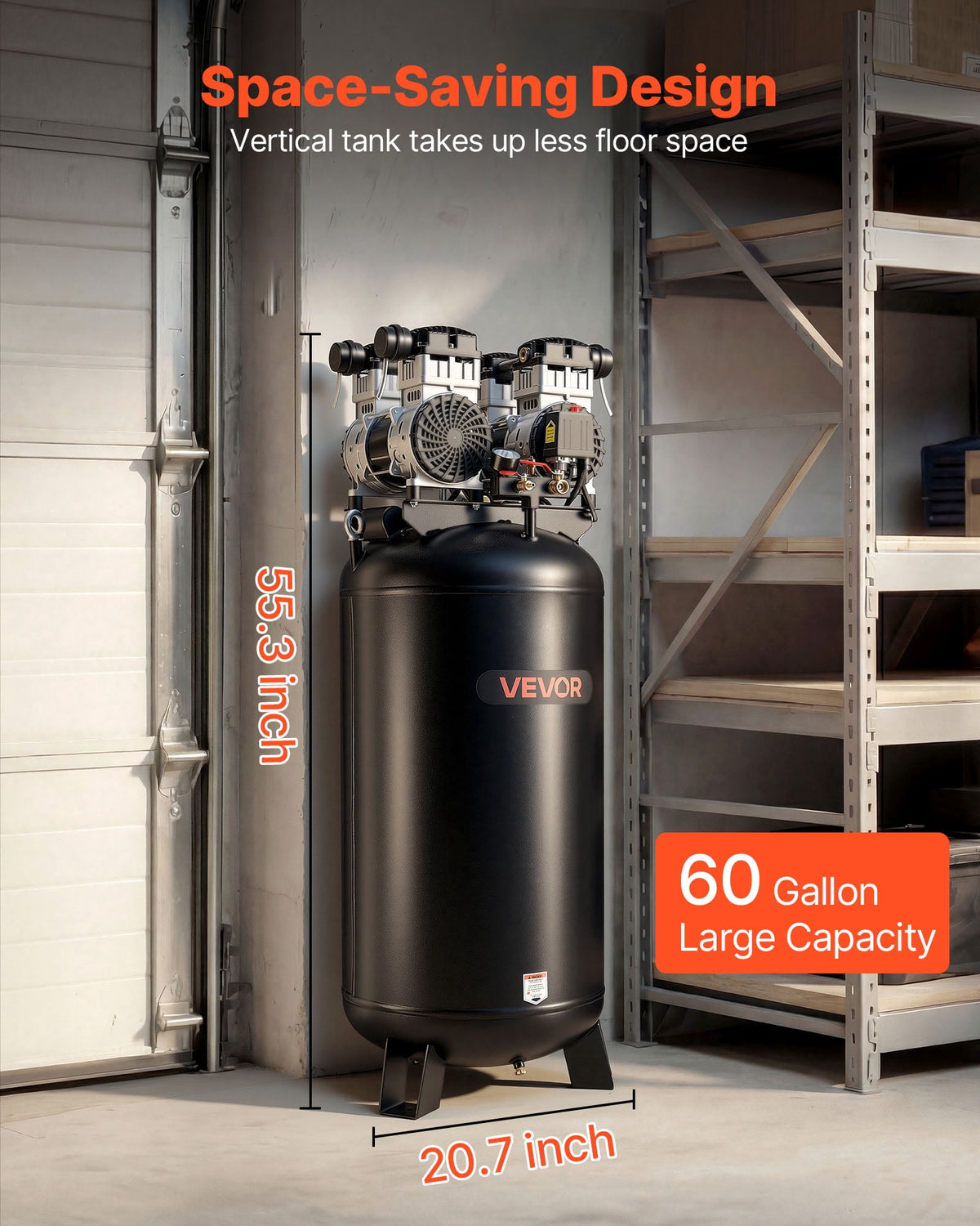 VEVOR 60 Gallons Heavy-Duty Air Compressor, 4HP 10SCFM at 90PSI Air Compressors with Max 125PSI Pressure, Oil-Free Compressor Tank(230V 60Hz, No-Plug)