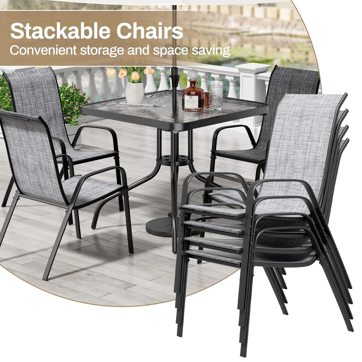 2026 NewPirecart 5-Piece Outdoor Patio Dining Table Set with 4 Stackable Textilene Chairs for for Patio, Lawn, Garden, Gray