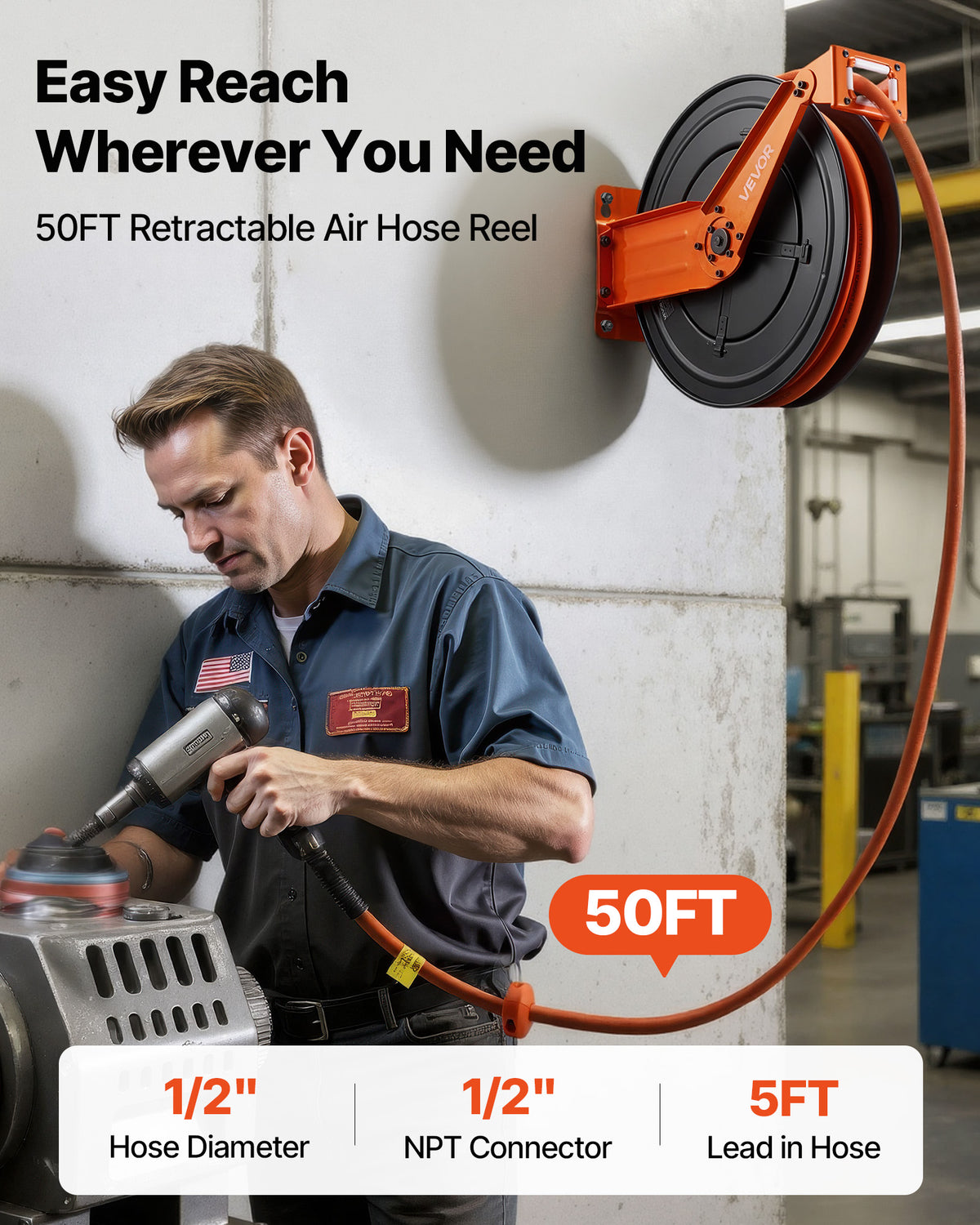 VEVOR Retractable Air Hose Reel, 1/2 Inch x 50 FT Rubber Air Hose Max 300PSI, Auto Rewind Air-Compressor Hoses Reel
