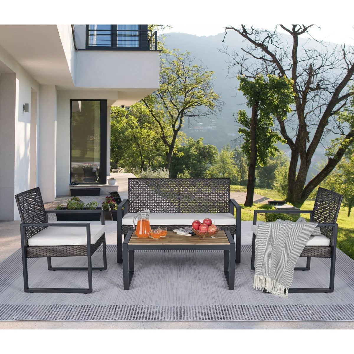 2026 NewHeavy-duty Patio Furniture Set, 4 Piece Outdoor Sectional Conversation Sets, BrownPE Rattan Patio Sofa Set with Blue Cushions