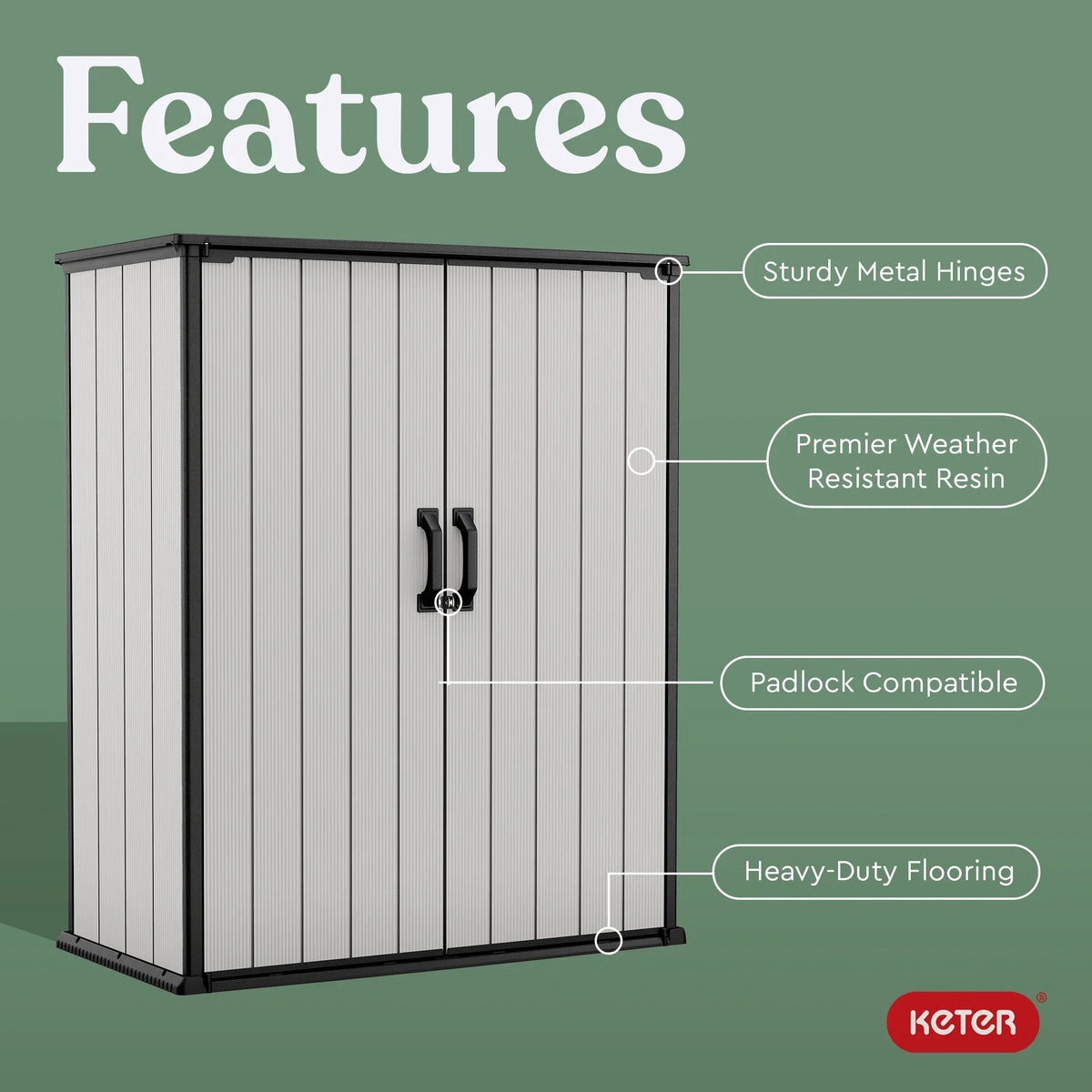 2026 NewKeter Premier Tall Vertical Durable Resin Outdoor Storage Shed With Floor and Locking Double Doors, Grey