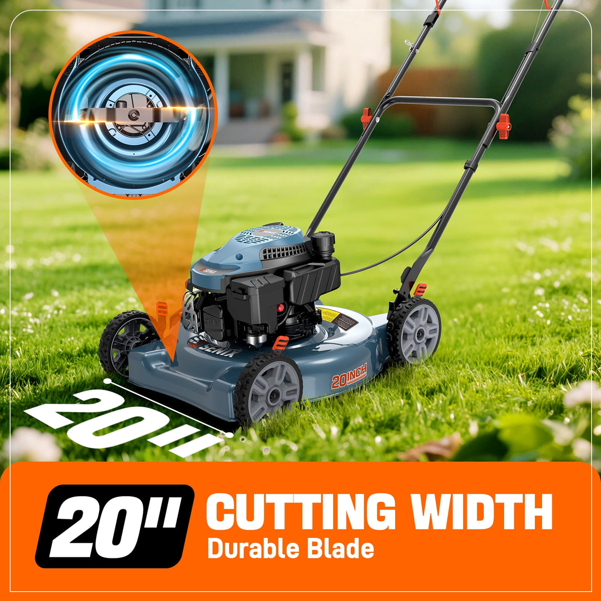 SENIX LSPG-L5 20" 144cc 4-Cycle Gas Powered Push Walk-Behind Lawn Mower, Side Discharge, 5-Position Height Adjustment