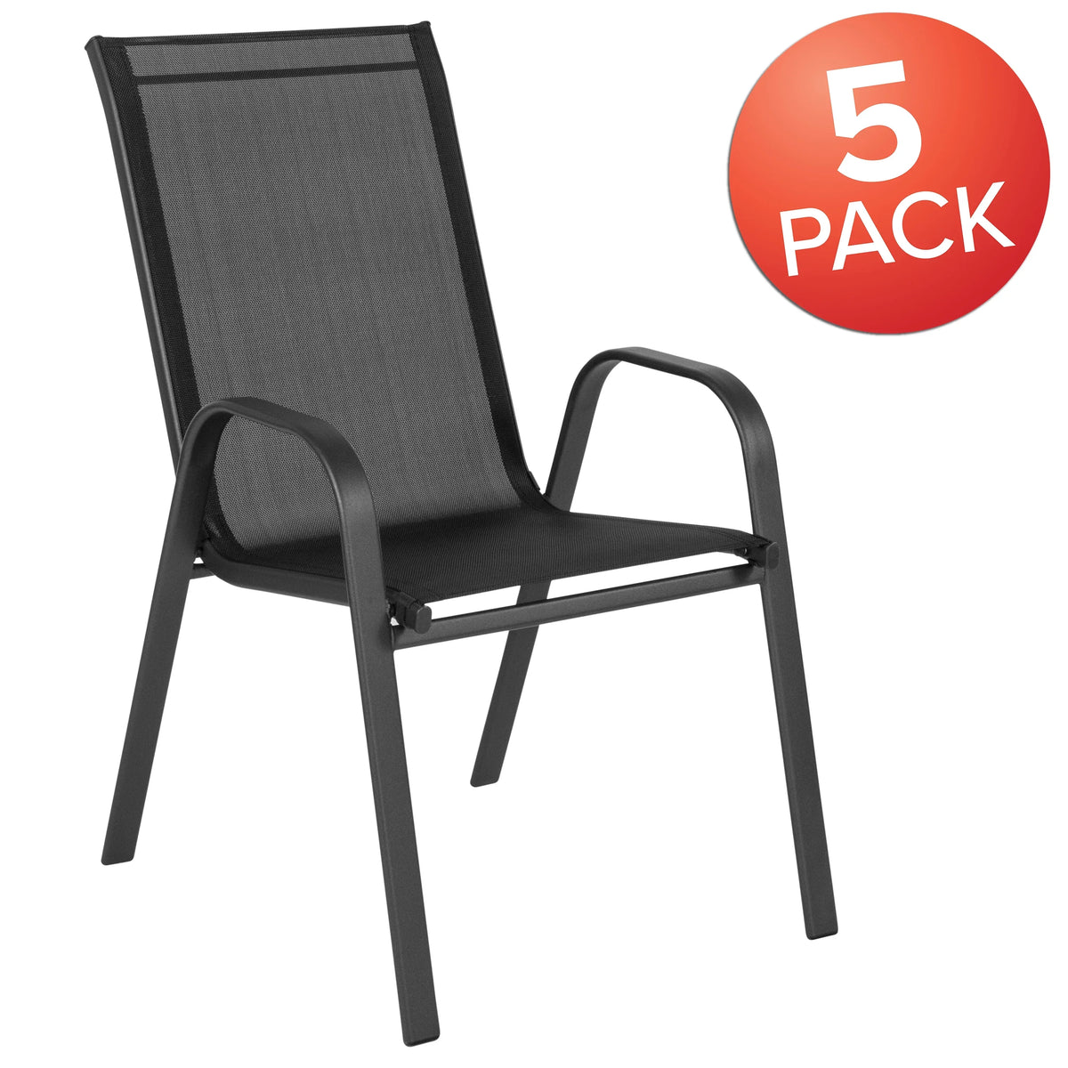 2026 NewBizChair 5 Pack Black Outdoor Stack Chair with Flex Comfort Material and Metal Frame