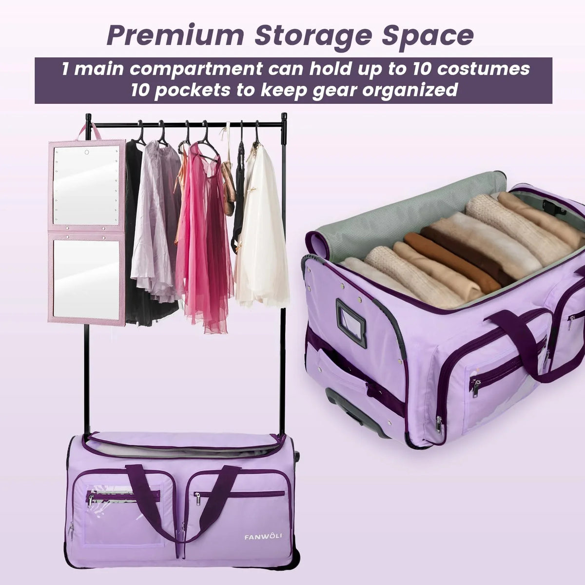 2026 NewFegat Dance Bag with Garment Rack - 28"Collapsible Rolling Competition Dance Duffle Bag Lightweight Costume Wheeled Suitcase for Dancers Shows Livestreamer Athletes