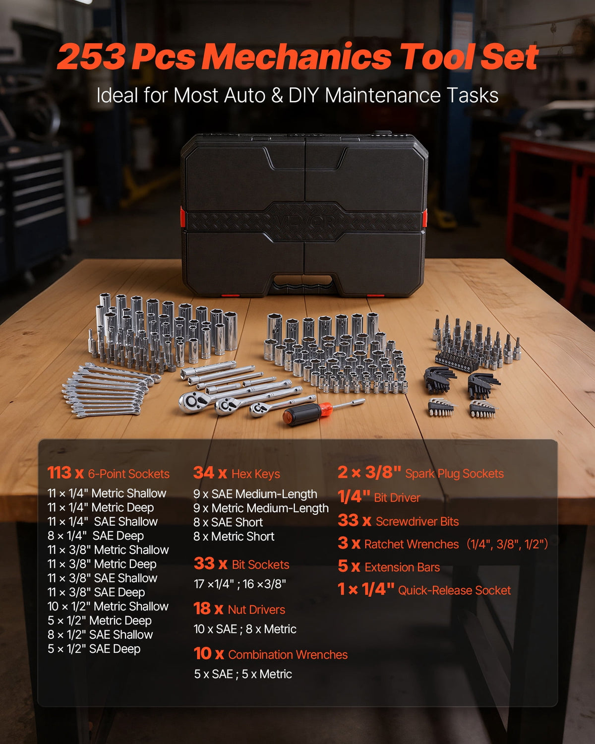 VEVOR Mechanics Tool Set, 253-Piece Mechanic Tool Kit, 1/4 in, 3/8 in, and 1/2 in Drive, SAE and Metric Socket Set, Wrenches, Screwdriver Bits, Accessories, and Storage Case