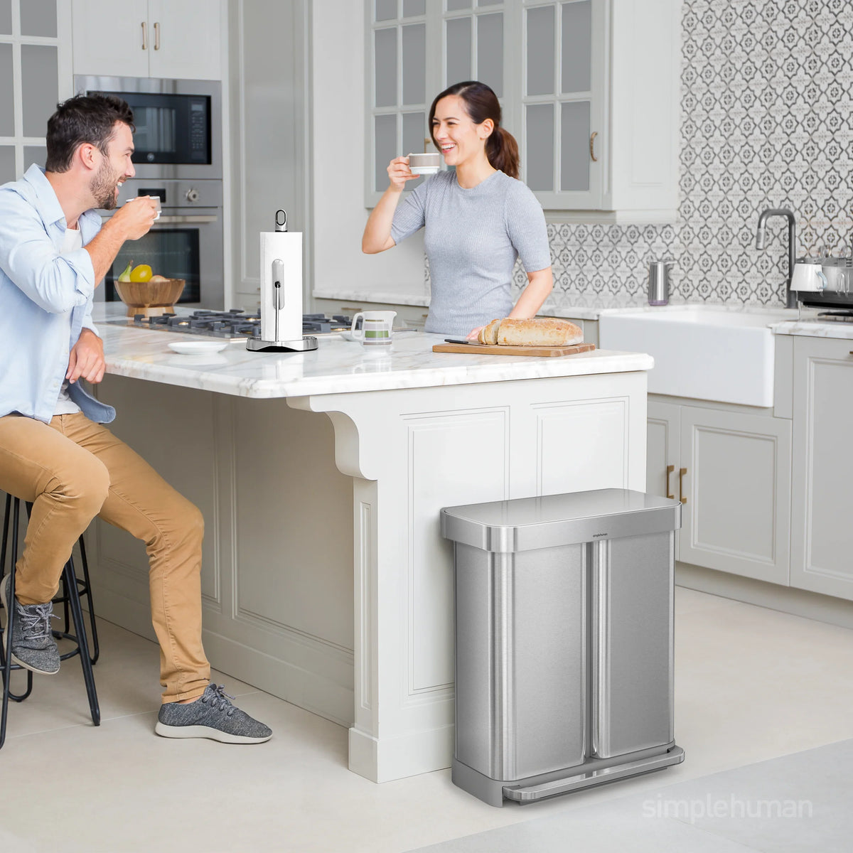 2026 Newsimplehuman 58 Liter / 15.3 Gallon Rectangular Dual Compartment Recycling Step, Brushed Stainless Steel with Soft-Close Plastic Lid Kitchen Trash Can
