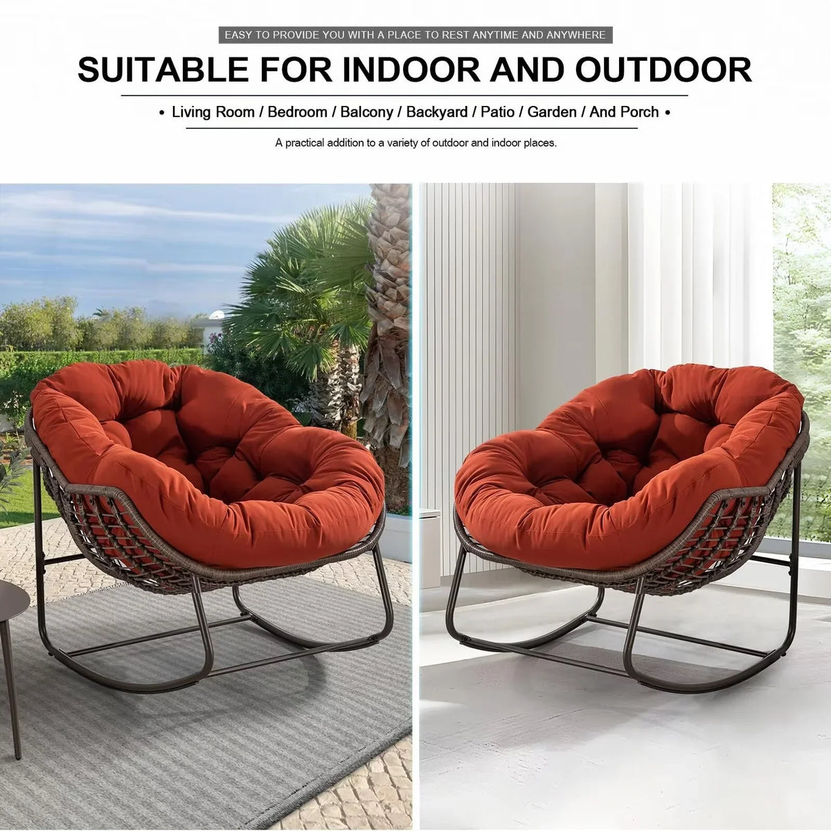 2026 NewOutdoor Papasan Rocking Chair, Patio Oversized Wicker Egg Rocking Chair, Indoor & Outdoor Comfy Rocker Chair with Thick Cushion, Modern Lounge Chair for Front Porch, Garden, Backyard, Grey