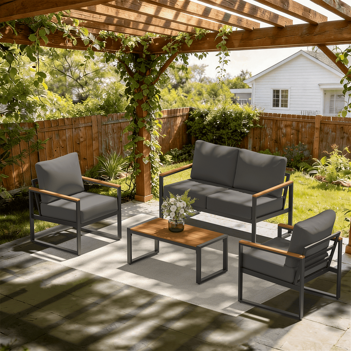 Dateyes 4-Piece Outdoor Patio Furniture Set, Modern Metal Conversation Set for Porch, Deck, Balcony (Dark Grey)