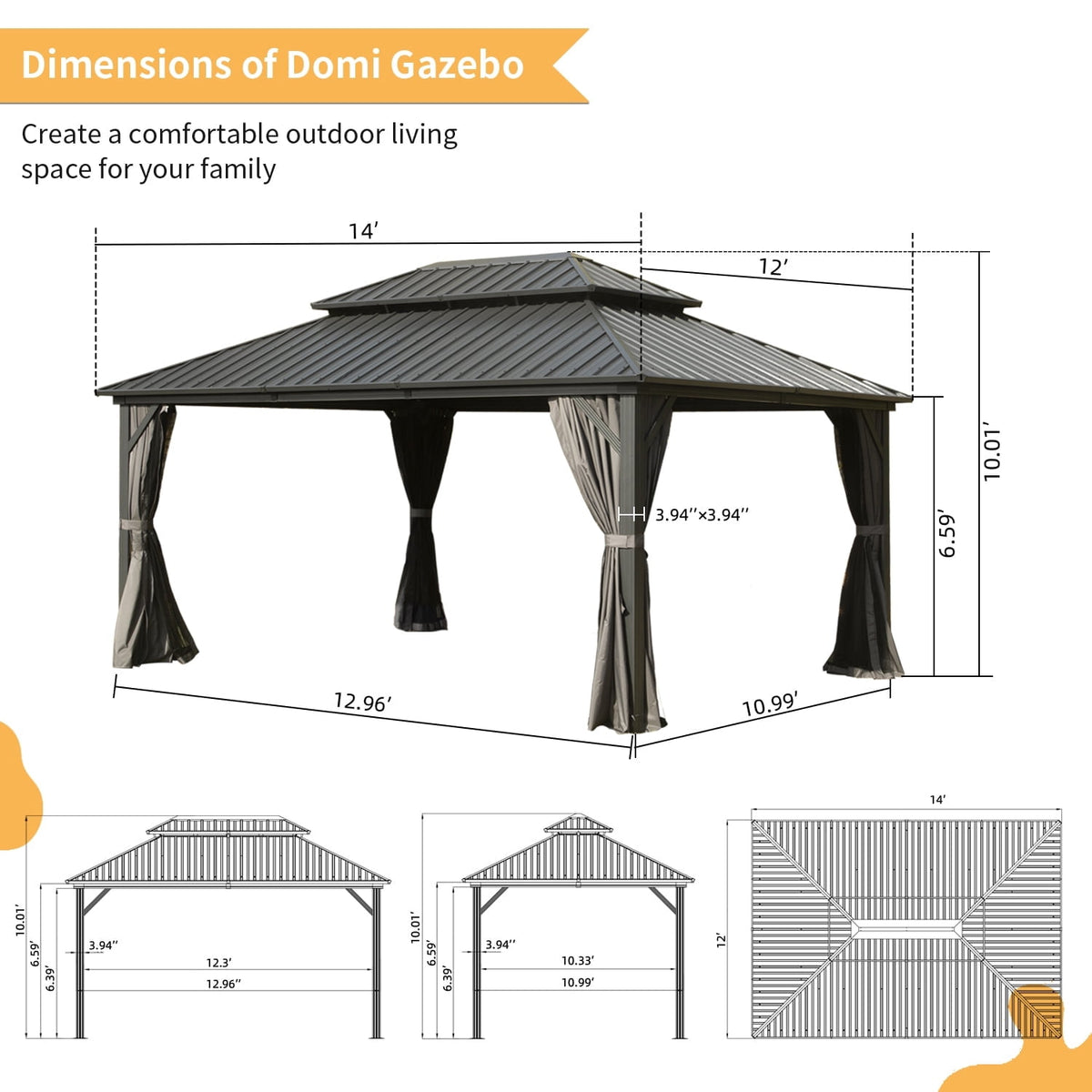 Domi Outdoor 12x14 ft Hardtop Gazebo Canopy Metal with Galvanized Steel Double Roof,Curtain & Netting for Patio Deck Backyard, Gray