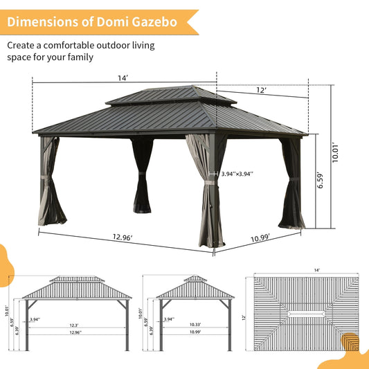 Domi Outdoor 12x14 ft Hardtop Gazebo Canopy Metal with Galvanized Steel Double Roof,Curtain & Netting for Patio Deck Backyard, Gray