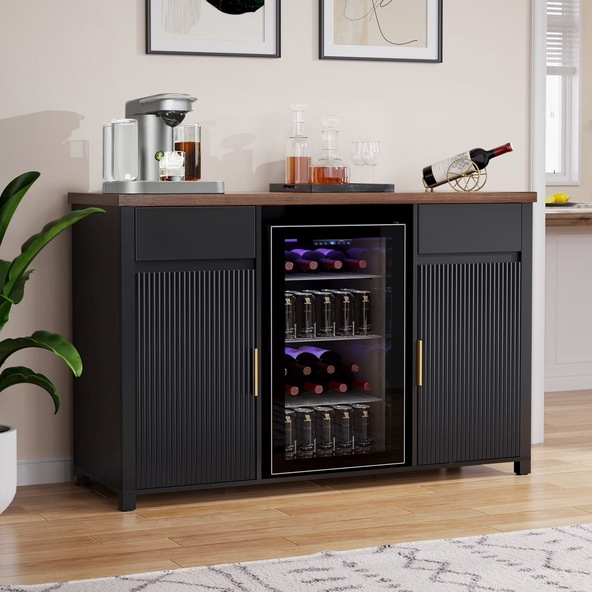 2026 NewCoffee Bar Cabinet with Fridge Space, Mini Fridge Cabinet"Buffet Sideboard"53.2"L