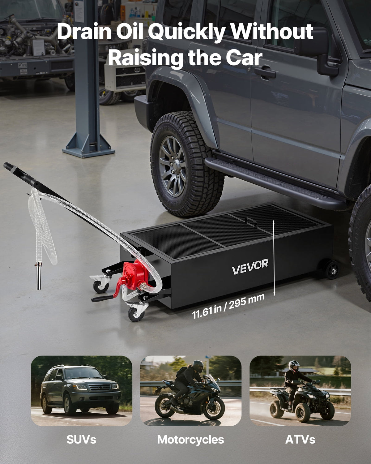VEVOR Low Profile Oil Drain Pan, 25 Gallon Capacity, Rolling Oil Drain Pan with Manual Pump, 7.2 ft Hose & T Folding Handle, Leak-proof & Corrosion-resistant