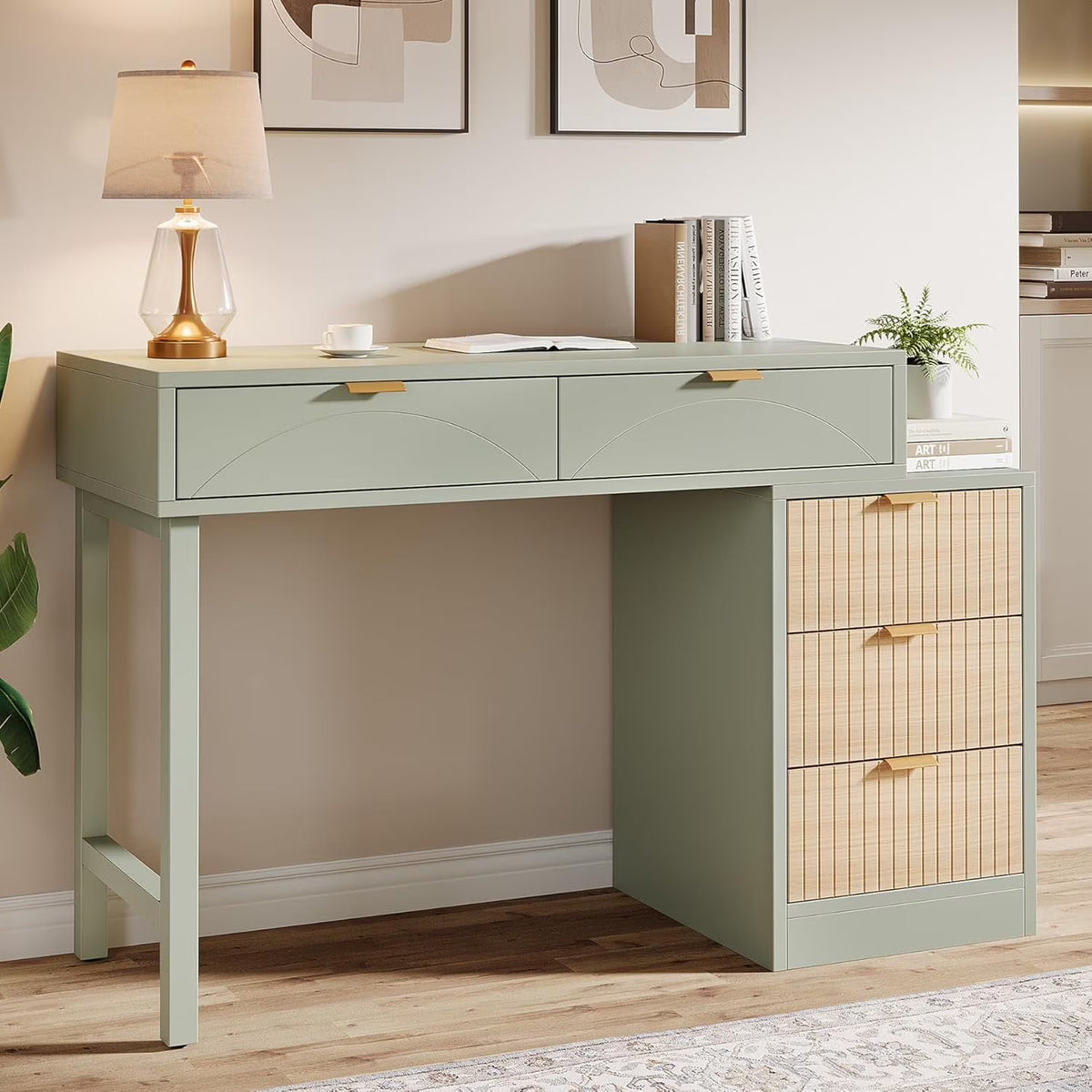 2026 NewTribesigns 39" Reversible Computer Desk with 5 Drawers, Wood Writing Desk for Home Office, Green