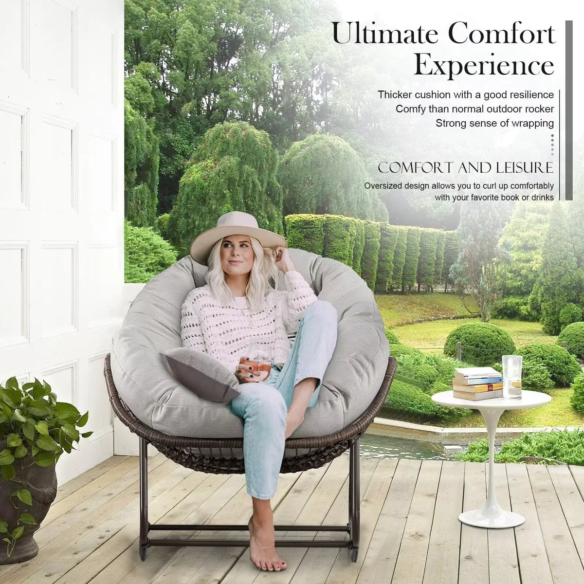 2026 NewOutdoor Papasan Rocking Chair, Patio Oversized Wicker Egg Rocking Chair, Indoor & Outdoor Comfy Rocker Chair with Thick Cushion, Modern Lounge Chair for Front Porch, Garden, Backyard, Grey