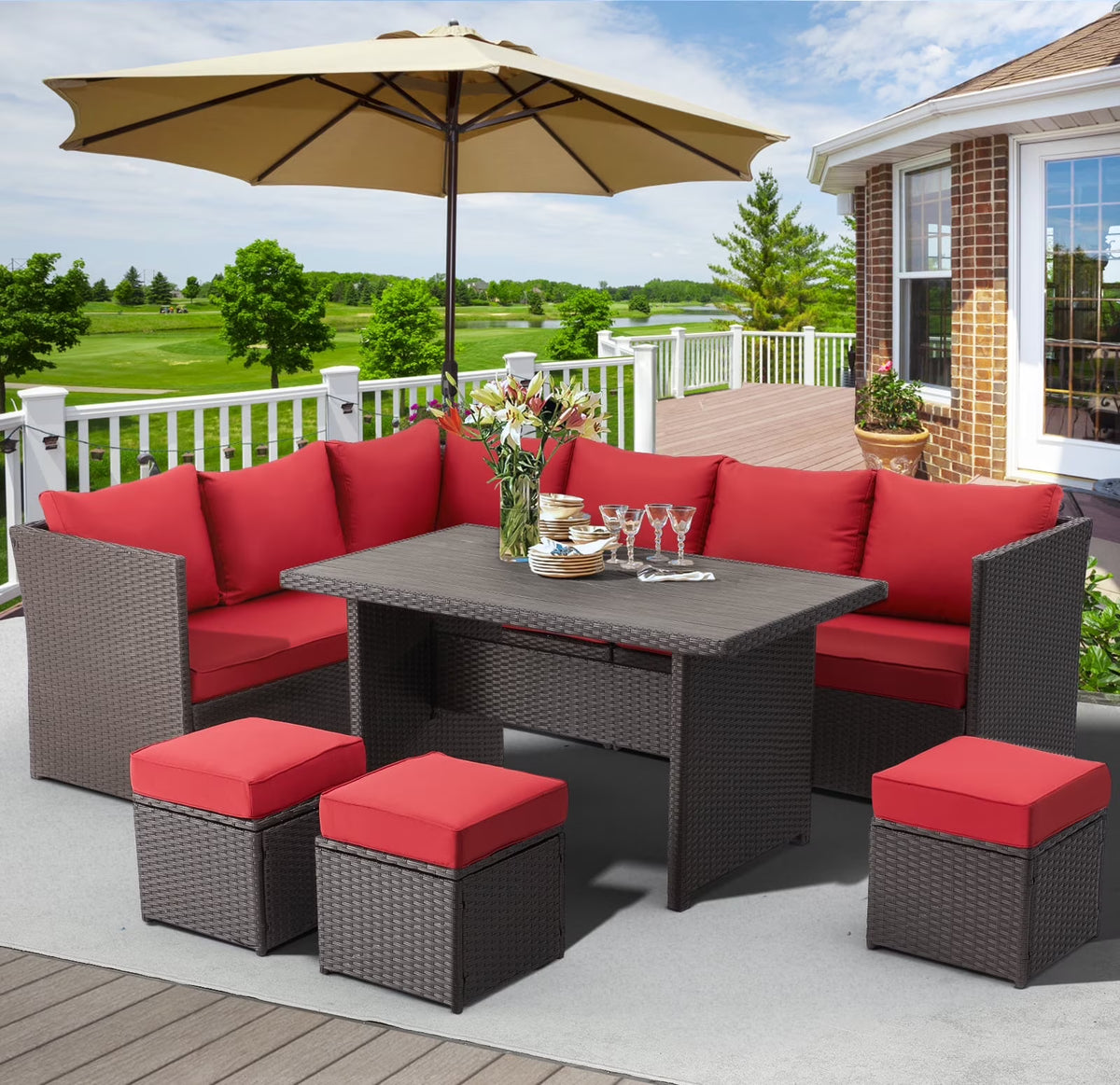 2026 NewAECOJOY 7 Piece Patio Furniture Set PE Rattan Outdoor Dining Set Sectional Sofa Couch with Table Patio Conversation Set in Gray