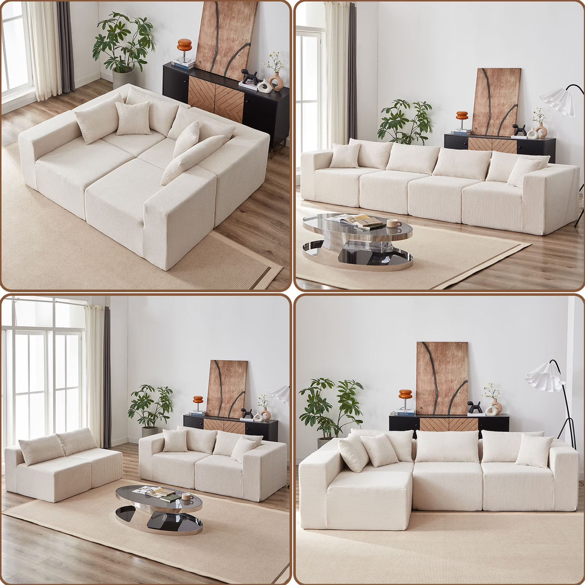 2026 New104-Inch Corduroy Modular L Shaped Sectional Sofa,Luxury Floor Couch Set,Upholstered Indoor Furniture,Foam-Filled Compressed Sofa for Living Room,Bedroom,4 PC Free Combination