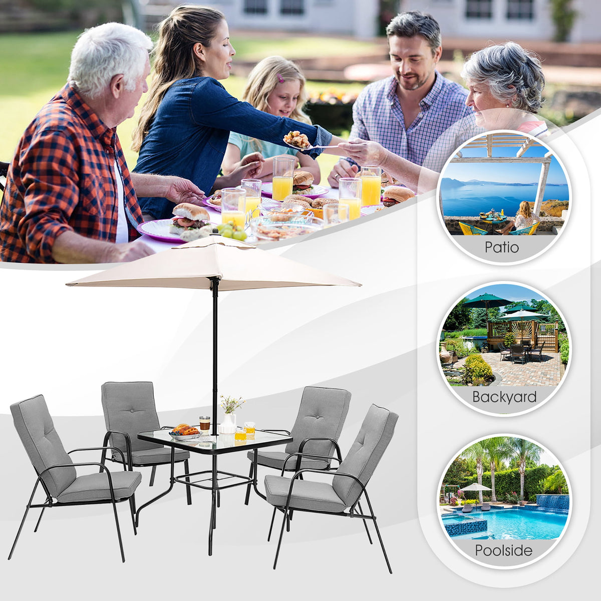 Gymax 6PCS Outdoor Dining Set Patio Table & Chair Furniture Set w/ Cushions & Umbrella
