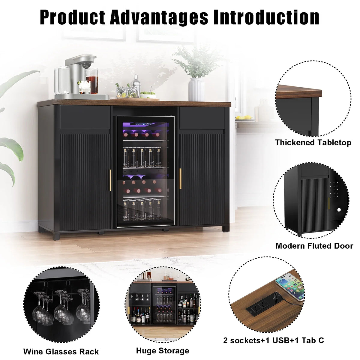 2026 NewCoffee Bar Cabinet with Fridge Space, Mini Fridge Cabinet"Buffet Sideboard"53.2"L