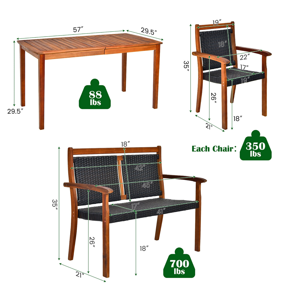 Costway 4PCS Patio Rattan Dining Furniture Set Acacia Wood Frame Chair Loveseat