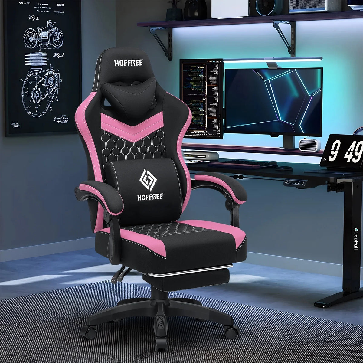 2026 NewHoffree Gaming Chair with Massage Fabric Office Chair with footrest for Adults, Ergonomic Gamer Chair with Headrest and Lumbar Support for Office Gaming, 440 LBS