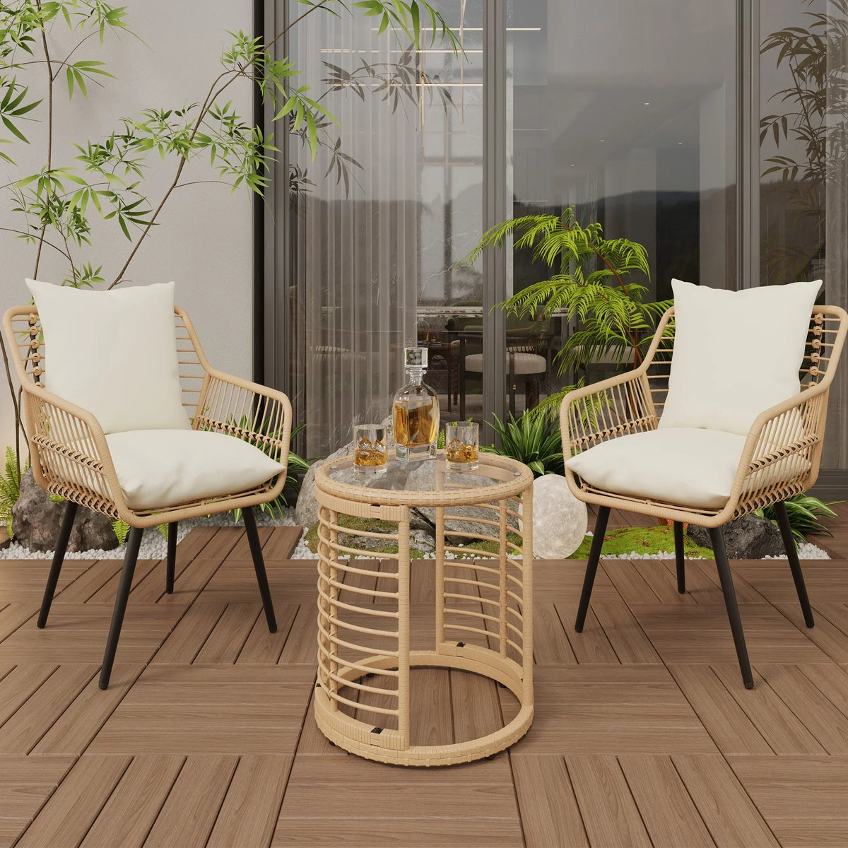 2026 NewAinfox 3-Piece Steel Outdoor Bistro Sets with Metal Chairs and Glass Top Table, Beige