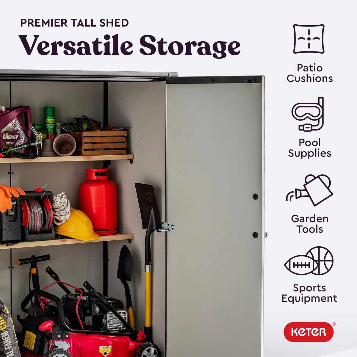2026 NewKeter Premier Tall Vertical Durable Resin Outdoor Storage Shed With Floor and Locking Double Doors, Grey