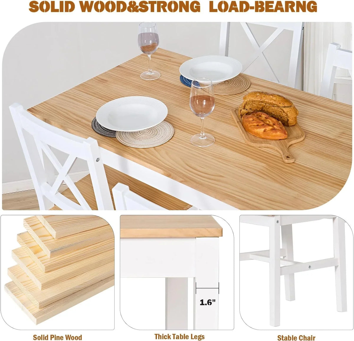 2026 NewSoges 5 Pieces Dining Table Set, Pine Wood Kitchen Dining Table with 4 Chairs, Wood Rectangular kitchen table and chairs for 4, Small Dining Set for Bar Dining Room Breakfast Nook, White and Gray