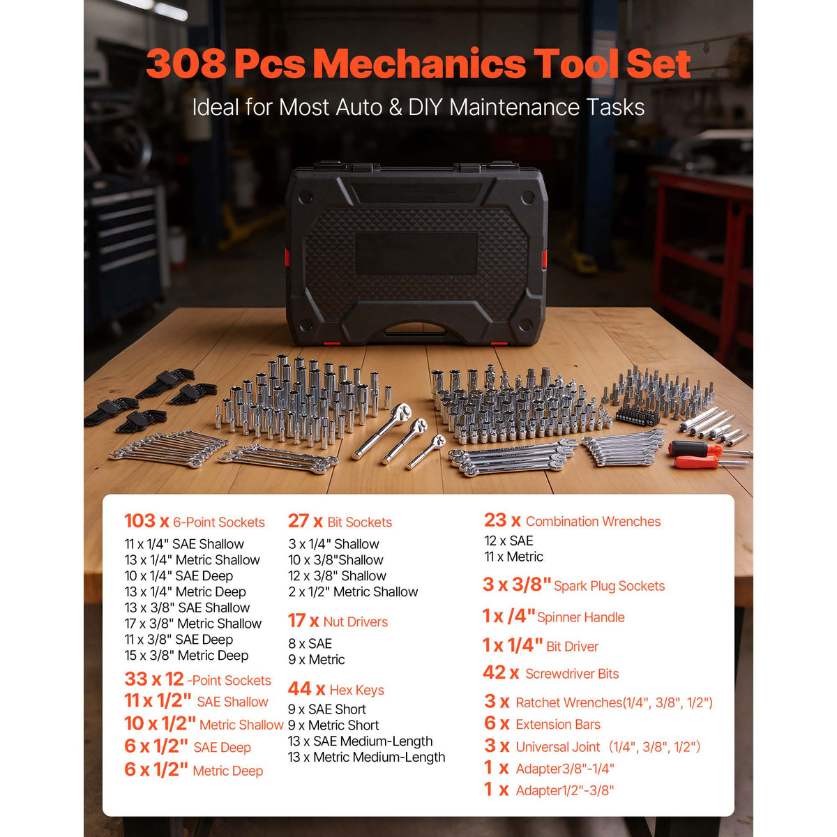 KFFKFF Mechanics Tool Set, 308-Piece Mechanic Tool Kit, 1/4 in, 3/8 in, and 1/2 in Drive, SAE and Metric Socket Set, Wrenches, Screwdriver Bits, Accessories, and Storage Case