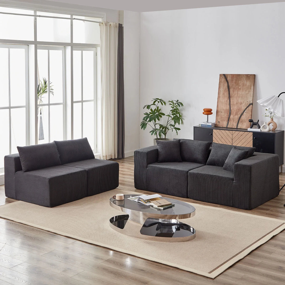 2026 New104-Inch Corduroy Modular L Shaped Sectional Sofa,Luxury Floor Couch Set,Upholstered Indoor Furniture,Foam-Filled Compressed Sofa for Living Room,Bedroom,4 PC Free Combination
