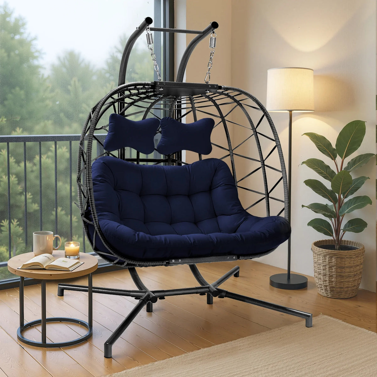 2026 NewRADIATA Double Wicker Egg Swing Chair with Stand, 2-Person Hanging Egg Chair for Indoor/Outdoor, 700lbs Capacity, Thick Cushions & Headrest,Sturdy Metal Frame"Dark Gray