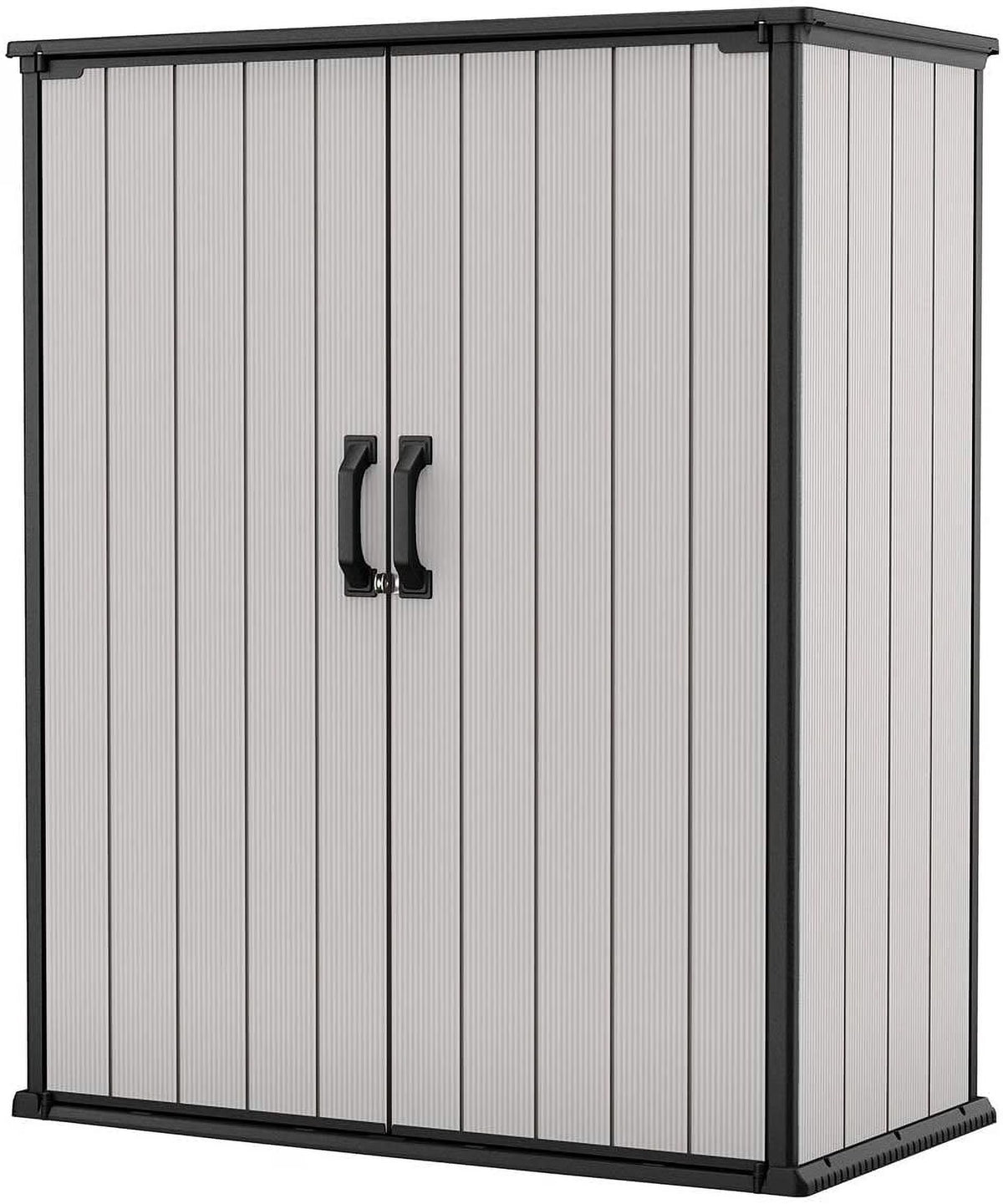 2026 NewKeter Premier Tall Vertical Durable Resin Outdoor Storage Shed With Floor and Locking Double Doors, Grey