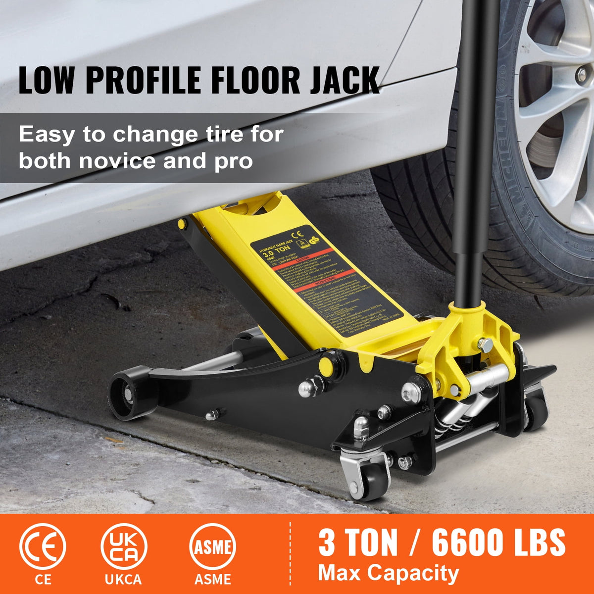 KFFKFF Floor Jack, 3 Ton Compact Ground Jack, Robust Steel Sport Ground Jack with Twin Pistons Rapid Elevate Pump, Elevation Range 3.35"-19.69"