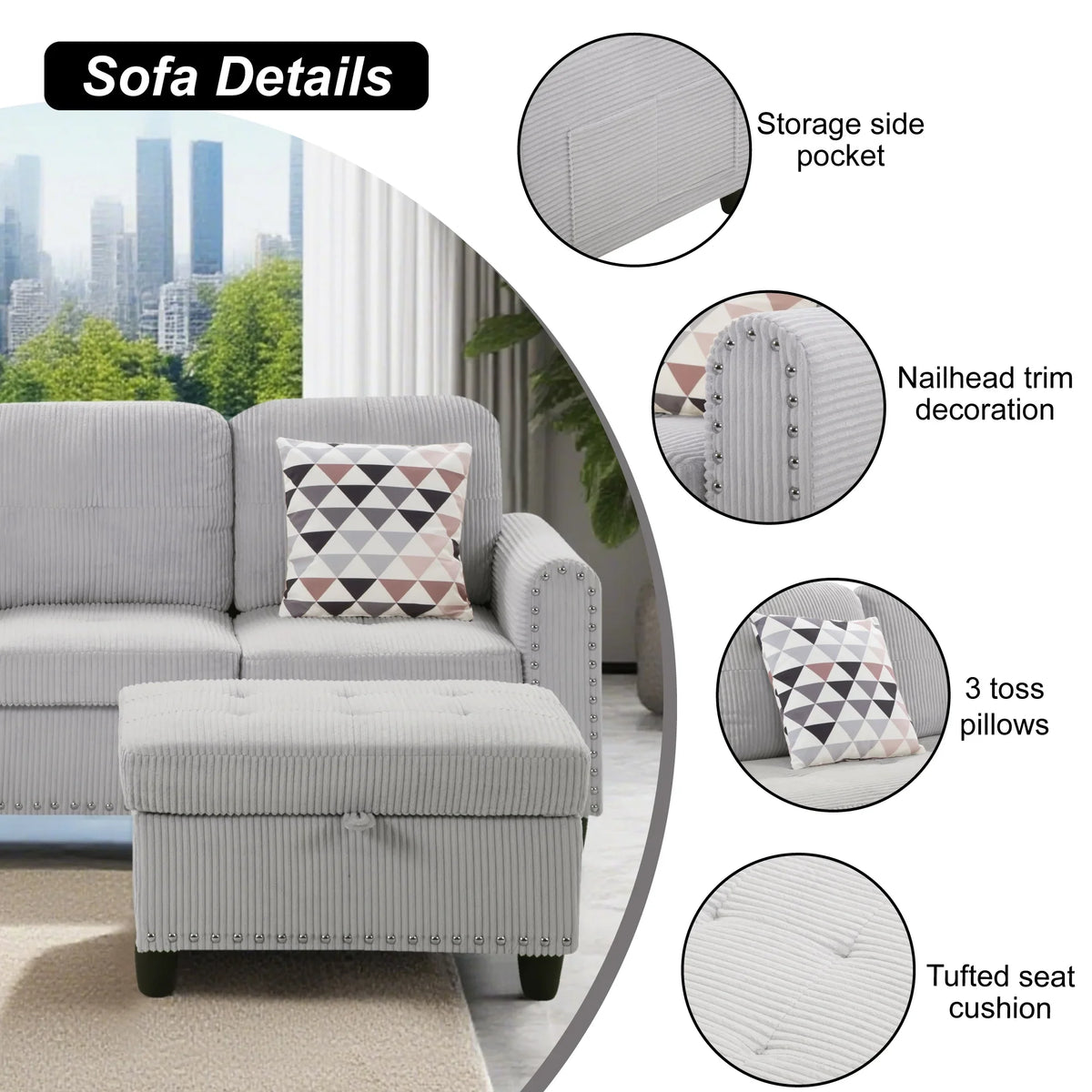 2026 NewAENKYO 95" L-Shaped Corduroy Modular Sectional Sofa with Ottoman & Cup Holders �C Living Room Couch for Apartments"Light Gray