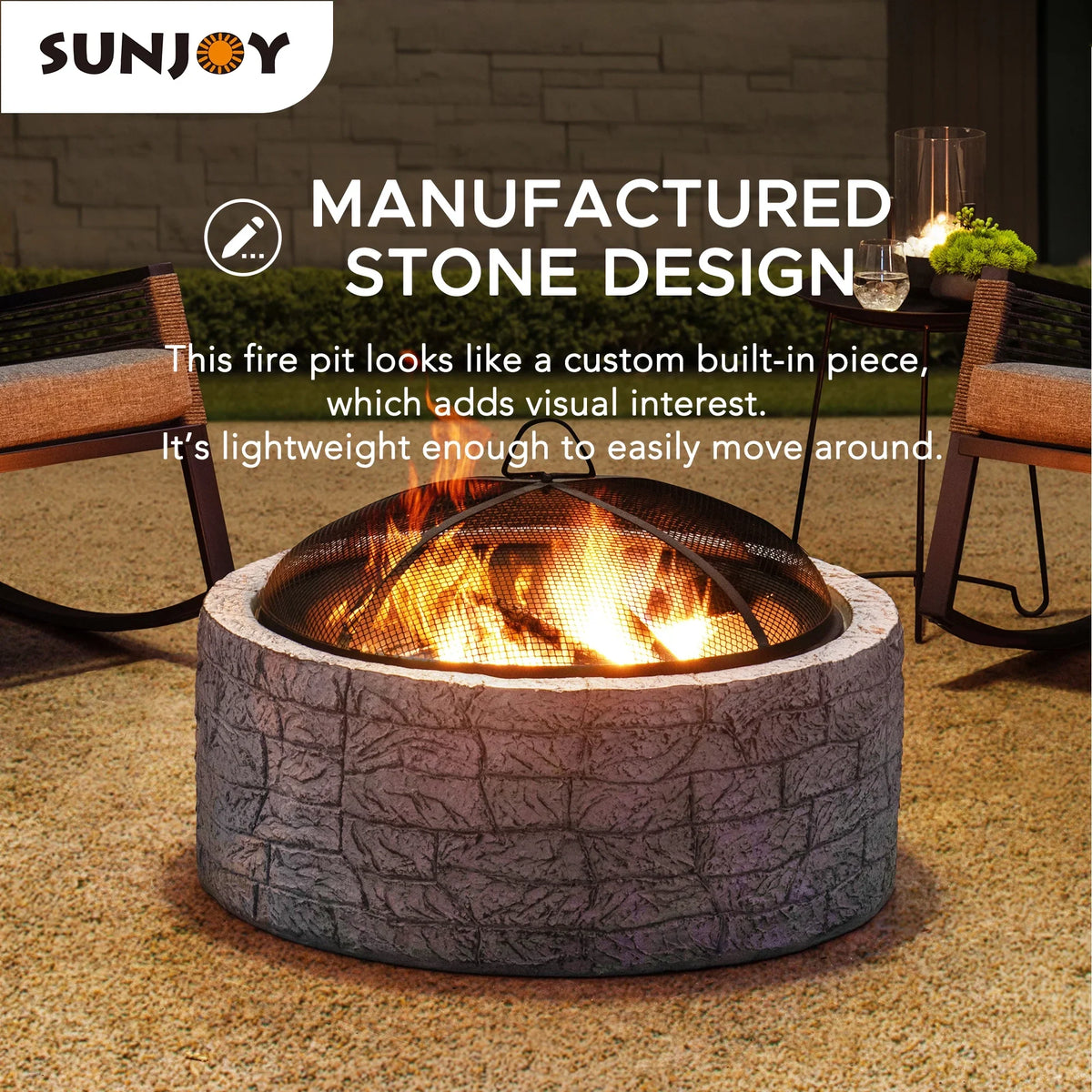 2026 NewSunjoy Stone Fire Pit 26 Inch, Outdoor Round Wood Burning Fire Pits with Spark Screen and Poker Grey