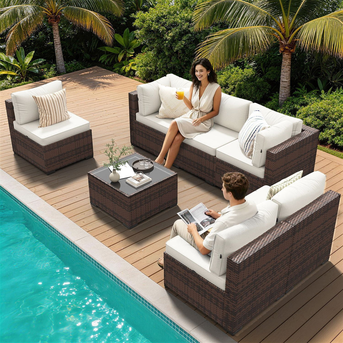 Clouddwell 7 Piece Outdoor Patio Furniture Set, Wicker Rattan Patio Sectional Sofa Sets, Off White