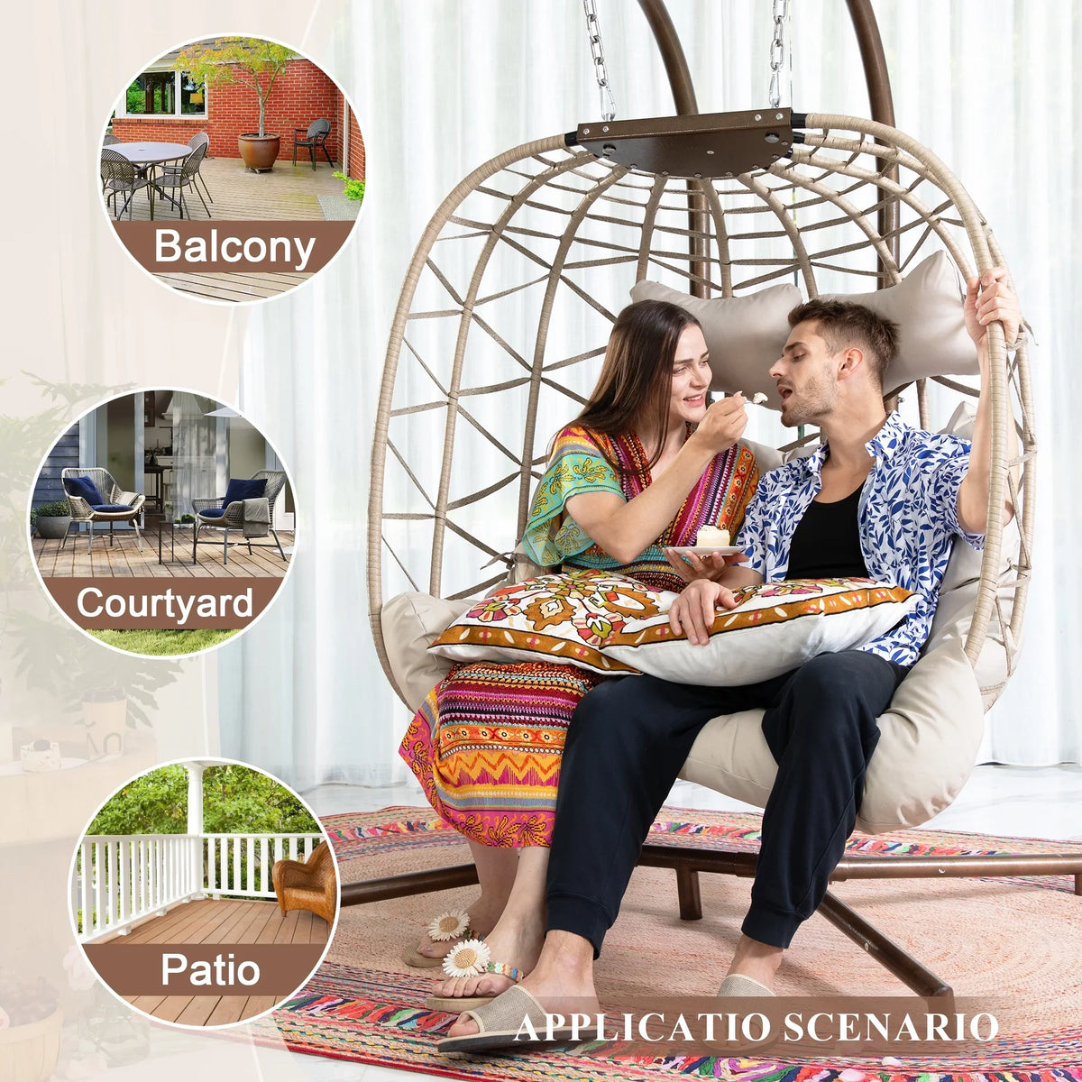 2026 NewRADIATA Double Wicker Egg Swing Chair with Stand, 2-Person Hanging Egg Chair for Indoor/Outdoor, 700lbs Capacity, Thick Cushions & Headrest,Sturdy Metal Frame"Dark Gray